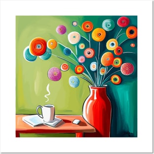 Inquisitive Cute Abstract Flowers in a Red Vase Still Life Painting Posters and Art